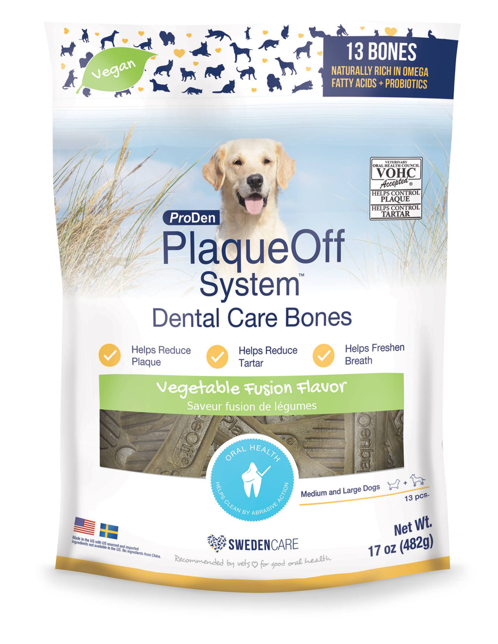 ProDen PlaqueOff® Dental Care Bones for Dogs – Vegetable Fusion/ ProDen PlaqueOff® Huesos Dentales – Fórmula Vegetable Fusion