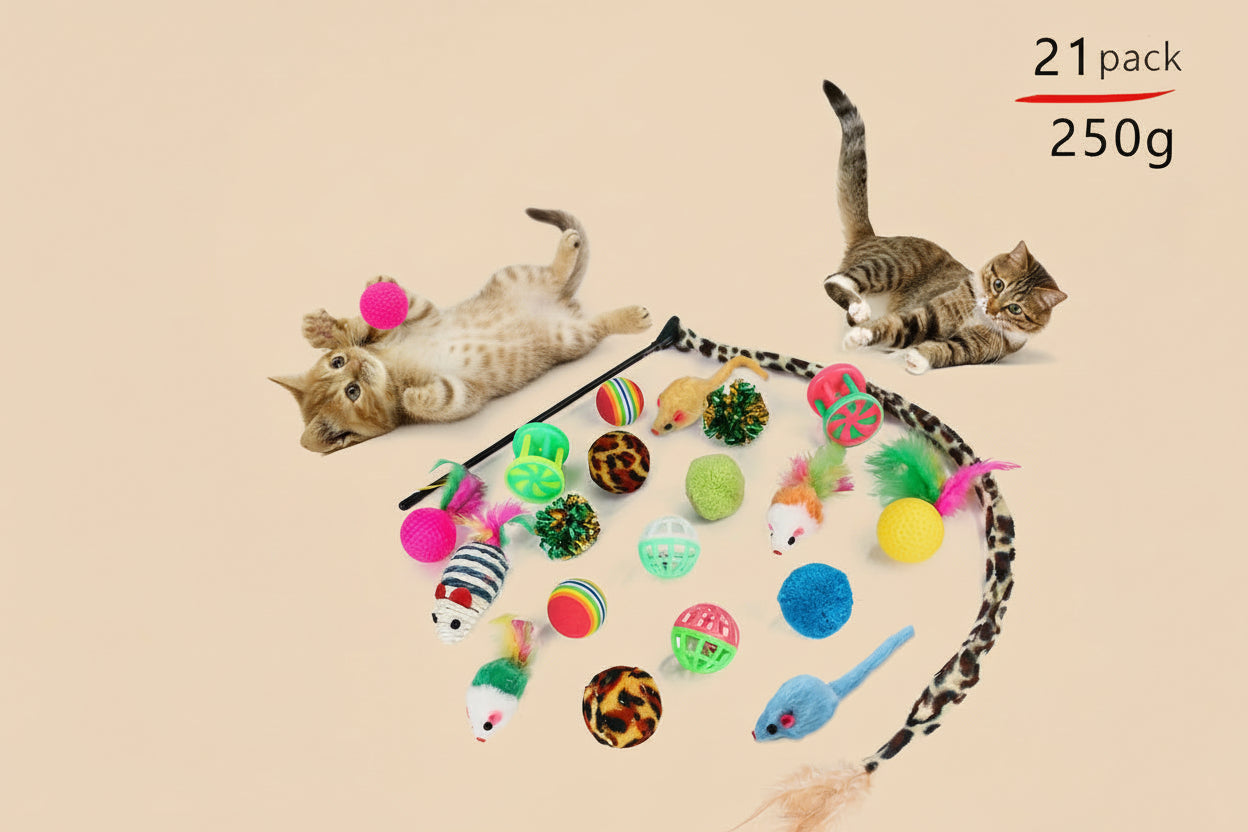 21-Piece Cat Toy Set  – Interactive Play Kit for Happy & Active Cats | Set de Juguetes para Gatos 21 Piezas con Túnel – Diversión Interactiva para Gatos Felices