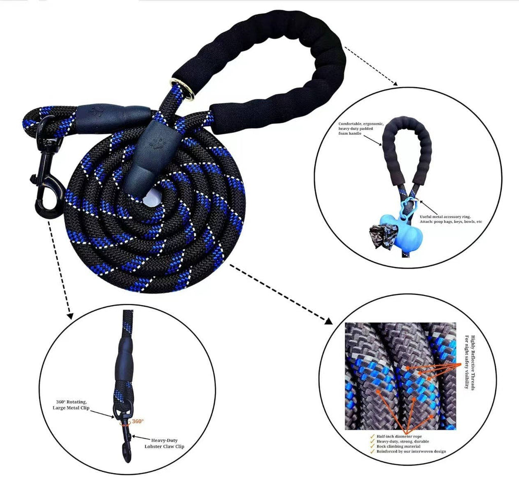 Yikiyu - Reflective Rope Dog Leash – Strong, Comfortable & Secure / Correa de Cuerda Reflectiva para Perros – Yukiyu-  Resistente, Cómoda y Segura