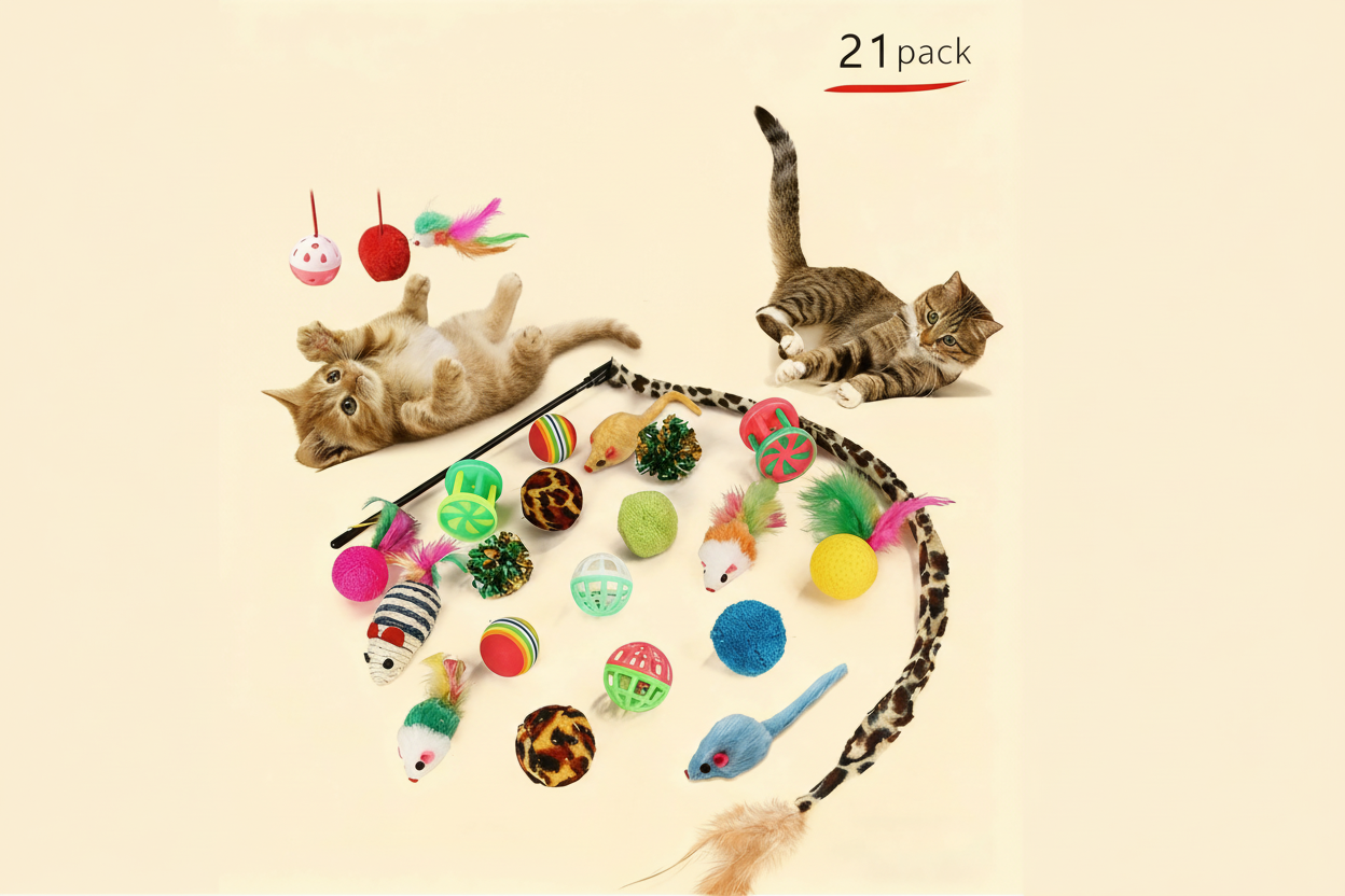 21-Piece Cat Toy Set  – Interactive Play Kit for Happy & Active Cats | Set de Juguetes para Gatos 21 Piezas con Túnel – Diversión Interactiva para Gatos Felices