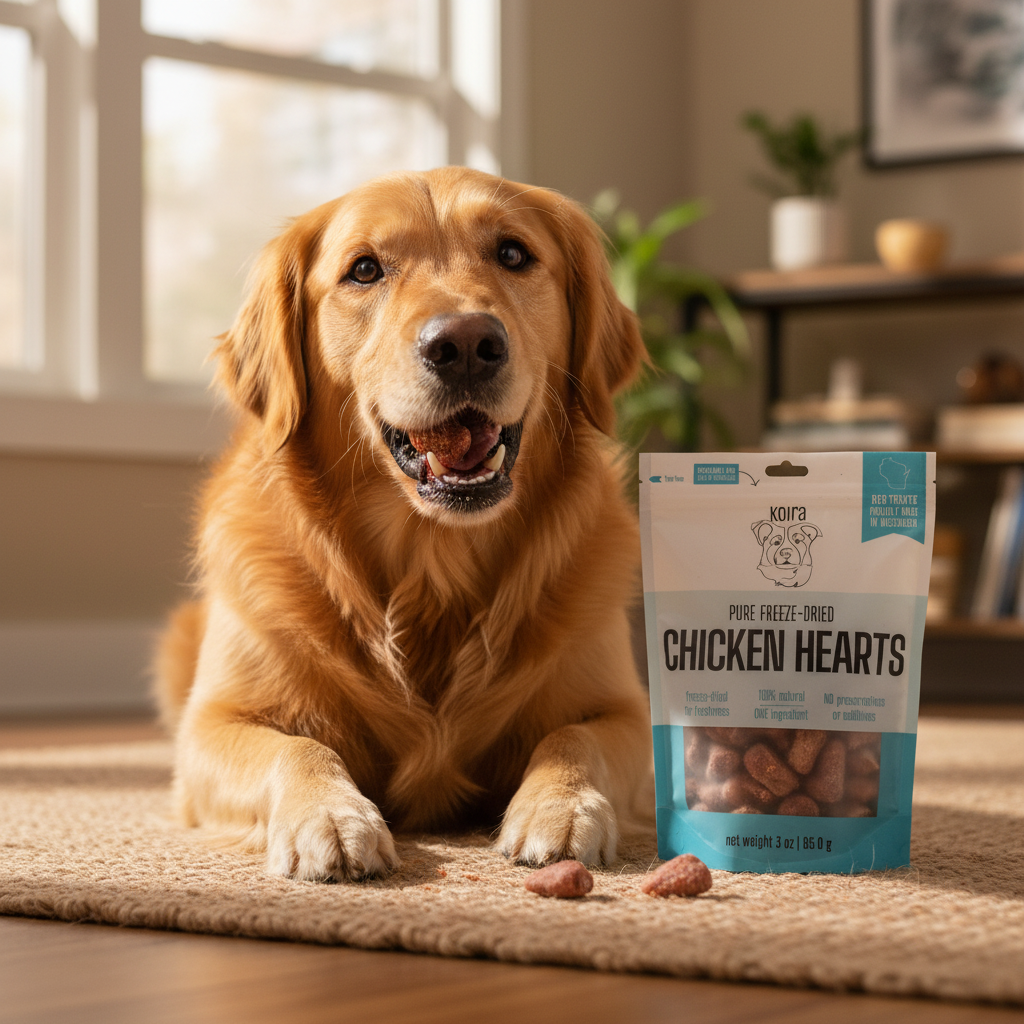 Freeze-Dried Chicken Hearts Dog Treats – 4 oz Bag
Premios de Corazones de Pollo Liofilizados para Perros – Bolsa de 4 oz