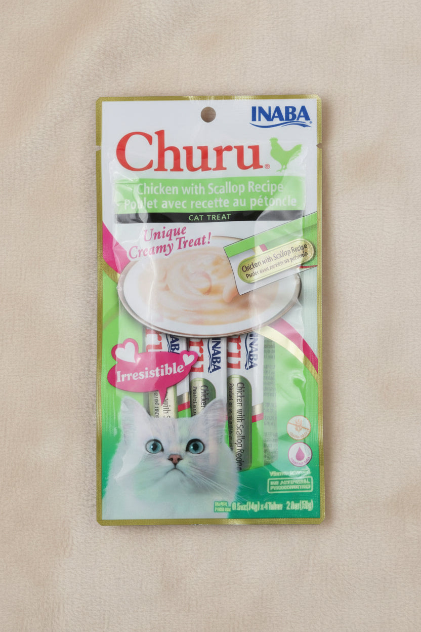 Inaba Churu Chicken & Scallop Creamy Cat Treats – 4 Tubes Each- Lickable Purée / Inaba Churu Chicken & Scallop – Treat Cremoso para Gatos 4 Tubos Cada Uno