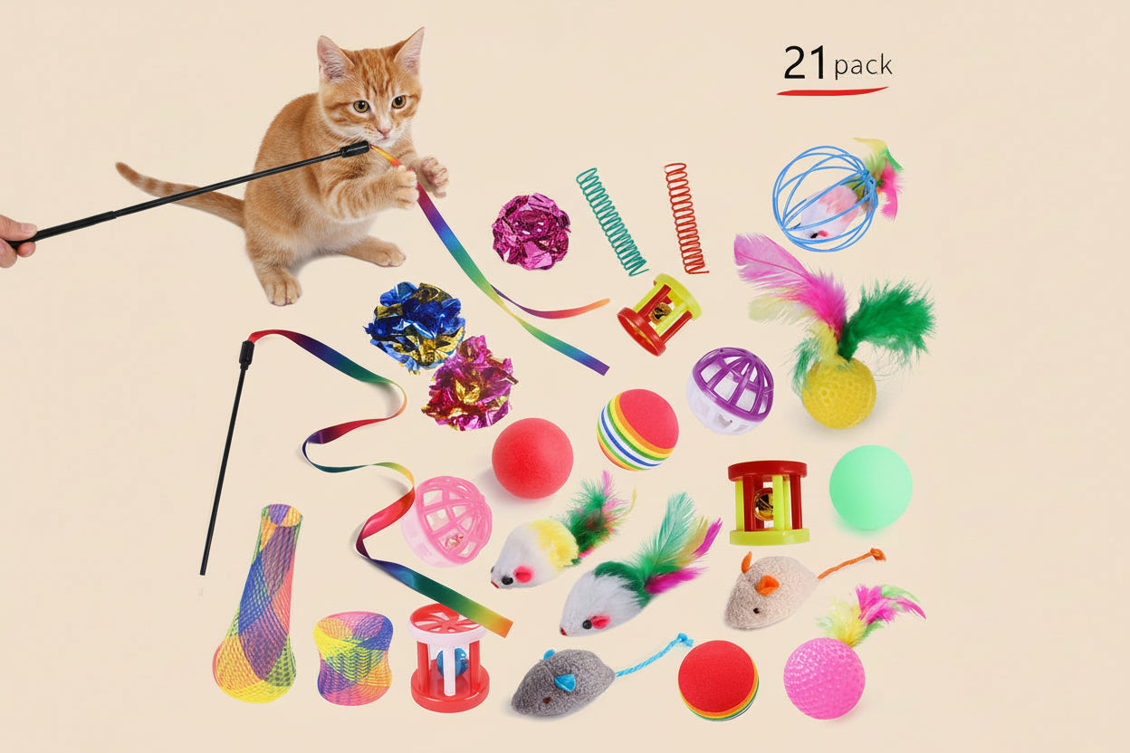 21-Piece Cat Toy Set  – Interactive Play Kit for Happy & Active Cats | Set de Juguetes para Gatos 21 Piezas con Túnel – Diversión Interactiva para Gatos Felices